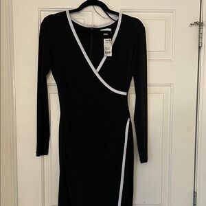 Calvin Klein Black Long-Sleeve Faux Wrap Dress with White Trim